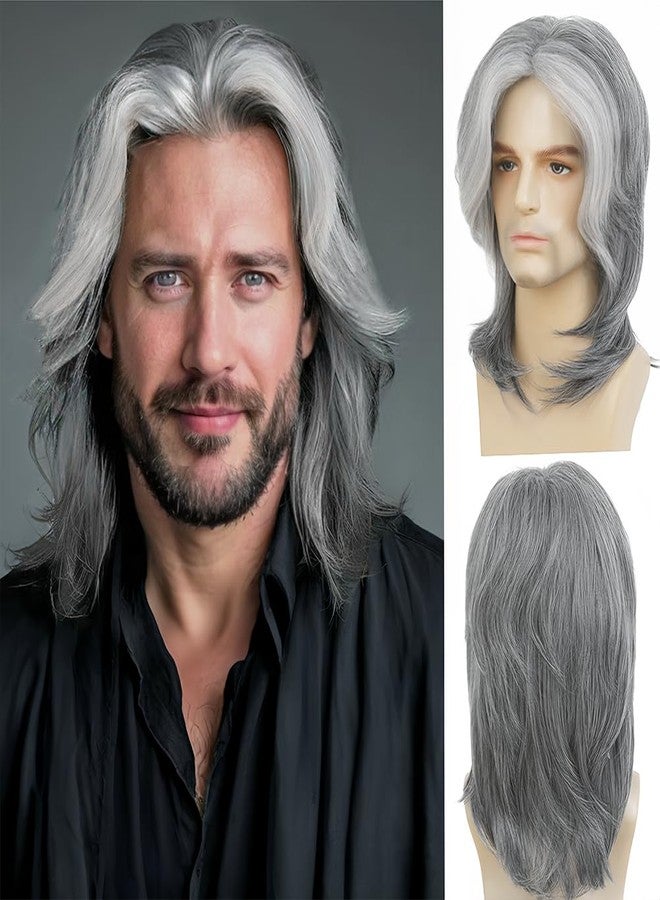 Swiking Mens Grey Mullet Wig Long Gray Mixed White Layered Wig Synthetic Hair Replacement Wig for Halloween Day Use - Image 1